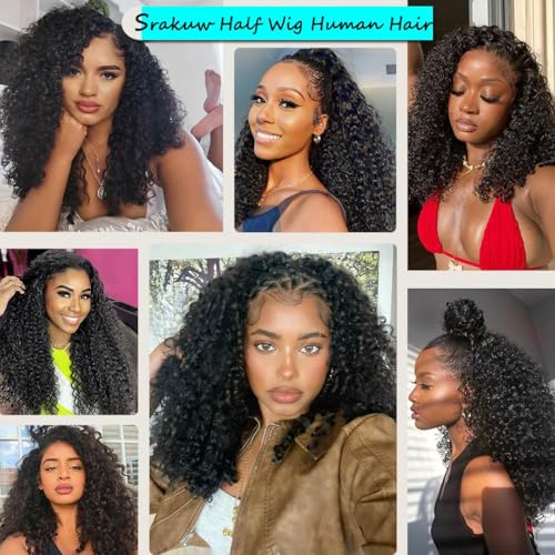 Image of Srakuw Half Wig Human Hair 200 Density Water Wave Wear Go Glueless Wigs Human Hair with Drawstring 3 In 1 Half Wigs for Women Invisible Hairline Beginner Friendly (Half Wig Black Color, 22 Inch)