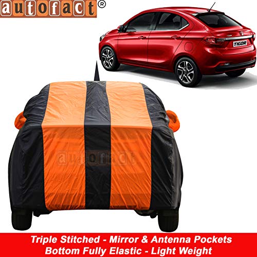 Image of Autofact Car Body Cover for Tata Tigor with Mirror and Antenna Pocket (Light Weight, Triple Stitched, Heavy Buckle, Bottom Fully Elastic, Orange Stripes with Navy Blue Color)