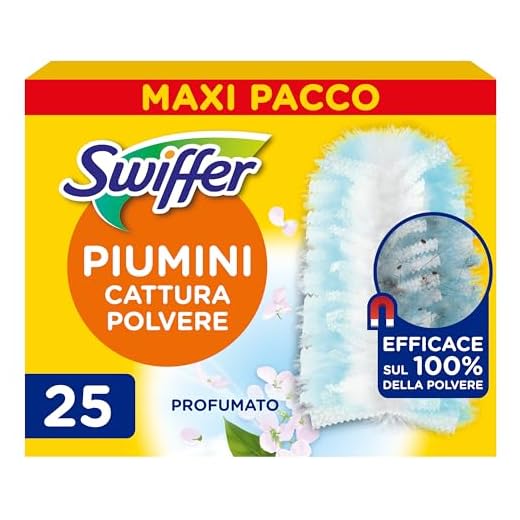 Swiffer Duster Piumini Cattura Polvere, 25 Piumini, Cattura e Intrappola Polvere e Sporco, Ottimo per I peli di Animale, Per Tutte le Superfici, Maxi Formato