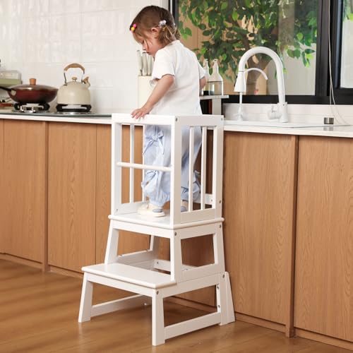 Image of Kids Kitchen Step Stool, Ideal Toddler Learning Standing Tower, 2025 New Upgrade with an Anti-tip Structure and Anti-Drop Safety Bar, More Stable and Safer - White