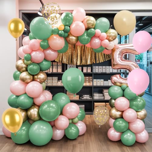 Image of Pink and Green Balloon, 60PCS Sage Green Party Balloon, 12Inch Olive Pastel Pink Balloons Metallic Gold Confetti Balloons for Baby Shower Wedding Jungle Cactus Birthday Party Decoration
