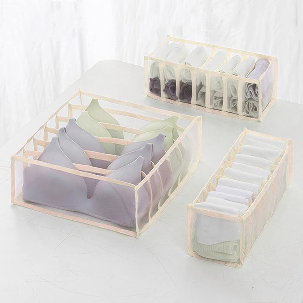Teyesun Collapsible Storage Boxes Bra,Underwear Closet Organizer Foldable Container Case Drawer Divider 3Pcs Beige