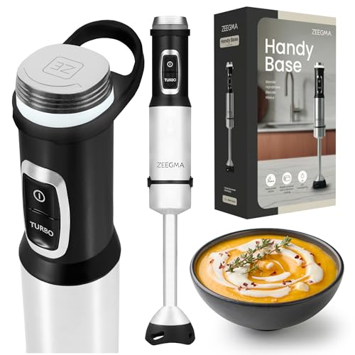ZEEGMA HANDY BASE Batidora de Mano para Sopas, Batidos, Potencia 1500 W, Control de Velocidad Cuchillas de Titanio Fácil Limpieza Retroiluminación LED Mango Ergonómico, Carcasa Cromada