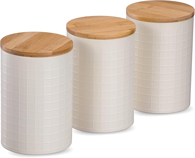 Bevy Designs Set of 3 Airtight Kitchen Canisters Tea Coffee Sugar Set with Bamboo Lid - Cream Tea Coffee Sugar Canisters Set | Multipurpose Decorative Storage Containers Jar (Large | Matt Cream)