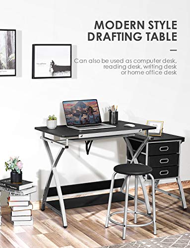 Kealive Adjustable Drafting Table Drawing Desk with Padded Stool, X Cross Art Desk Craft Station with 3 Storage Drawers and Thick MDF Desktop, Black