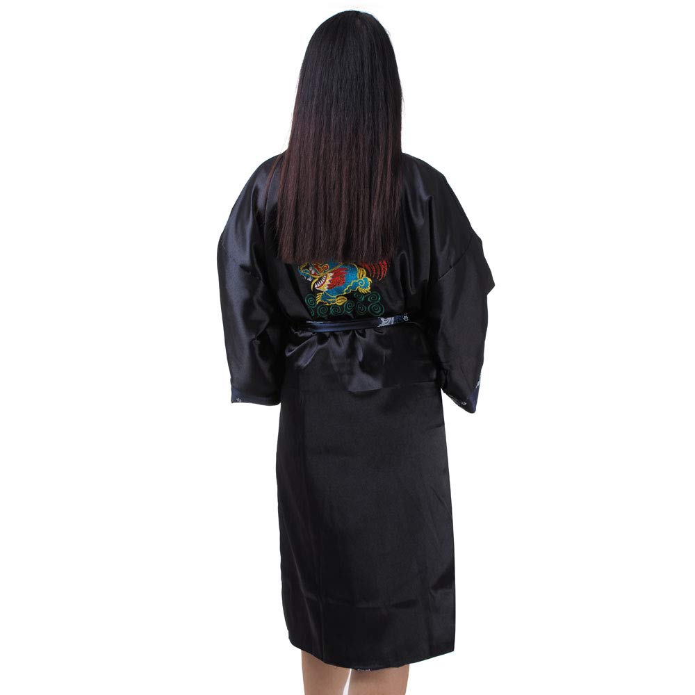 Japanischer Wende-Kimono Satin Morgenmantel für Damen & Herren mit Drachen-Stickerei