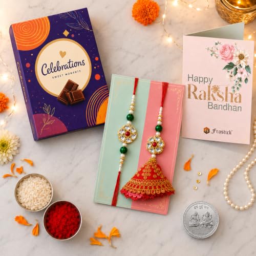 Image of Frostick Rakhi Set Bhaiya Bhabhi Raksha Bandhan Gift Combo Flower Design with Small Celebrations Chocolate, Roli, Chawal, Greeting Card & Gift Box (Design 2 Rakhi)
