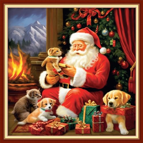 Image of DMCVIVR Stamped Cross Stitch Kits for Beginners Adults Needlepoint Kits for Beginners Embroidery Kits for Adults Crossstitch Kit for Beginners 11CT-Santa Claus 18x18 inchs
