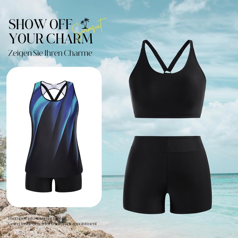 Hanna Nikole Tankini Damen Sportlich Große Größen Dreiteilig Tank Aushöhlen Oberteil mit Boyshorts Push Up Badeanzug Damen Swimsuit