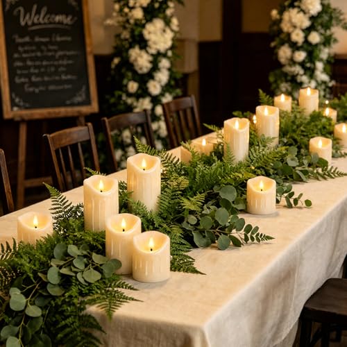 Image of 9 Pcs Flickering Flameless LED Pillar Candles, (D 3 inch x H 3 inch 4 inch 5 inch 6 inch 7 inch) Battery Operated with Remote Plastic Wax Drip Fake Candles for Home Wedding Holiday Decor,Ivory
