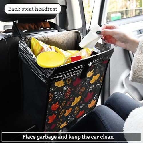 Image of Car Trash Can Organizer Bin with Adjustable Strap for Back Front Seat Console Waterproof Leakproof Collapsible Portable 8.66 Inch Autumn Leaf Pattern Black