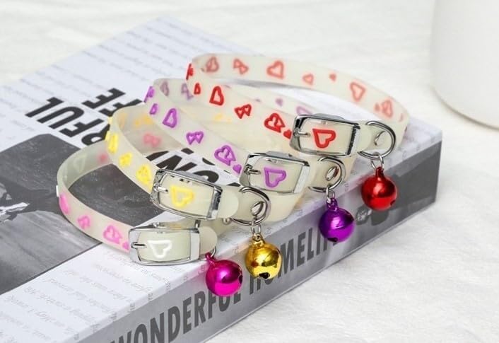 Toms Pet Durable Heart Printed Silicon Radium Collar Adjustable with Bell Neck Collar Belt Ideal for Kitten and Dog Adjustable Design Color May Vary (Pack of 2)