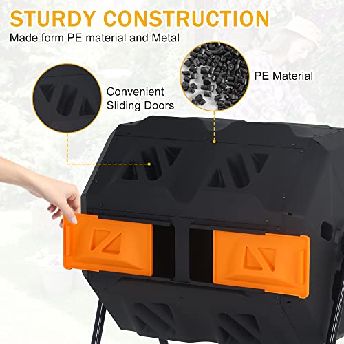 Outdoor Compost Tumbling Bin 43 Gallon Large Dual Chamber Sliding Doors Composter Steel Frame Garden Tumbling Rotating Composting Bins 360° Compost Tumbler Bucket Trash Can For Patio Yard (Orange) #TOP4