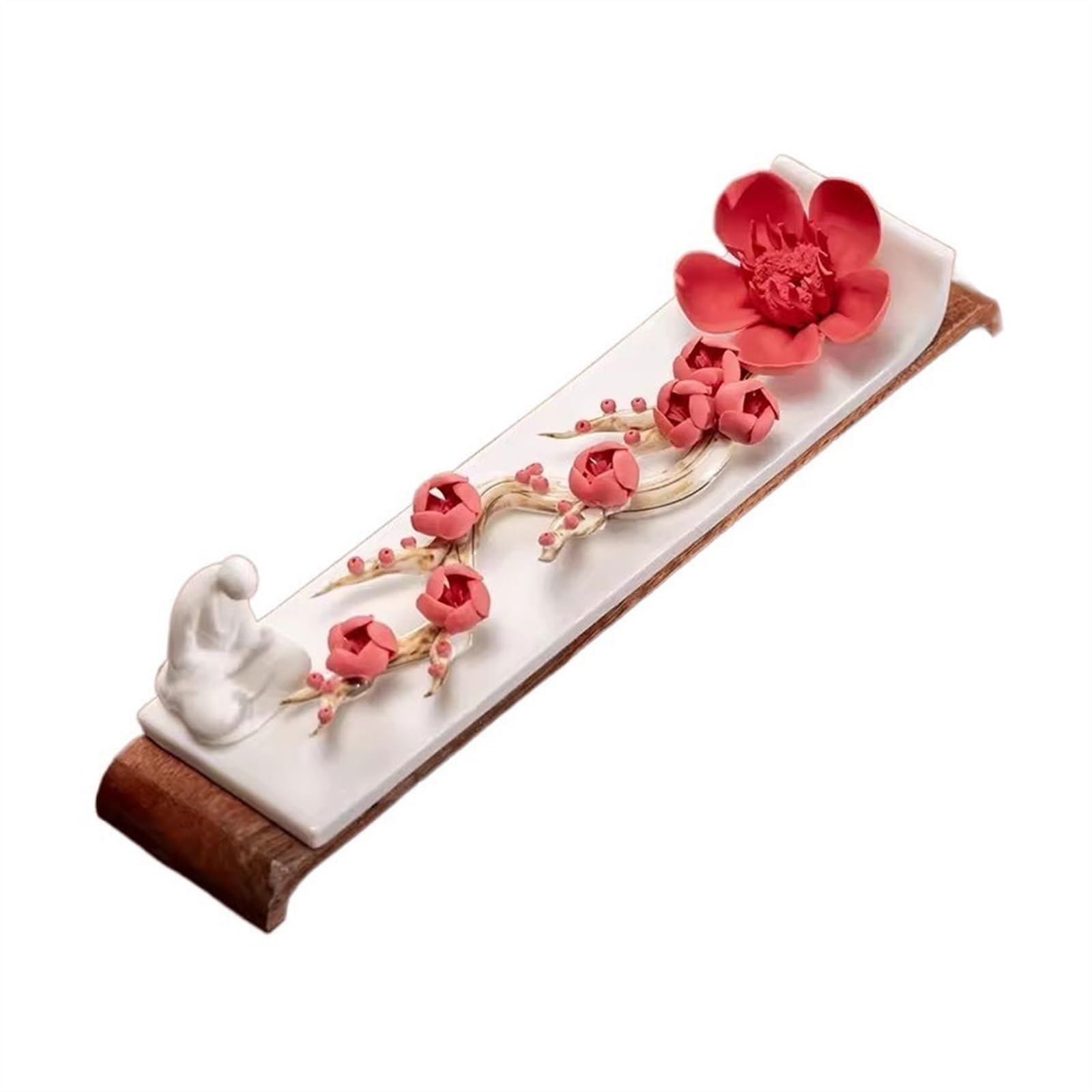 incense burner Exquisite Ceramic Flower Shaped Incense Burner Indoor Zen Line Tray Wooden Chassis Incense Holders(D)