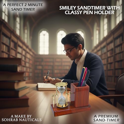 Image of Pen Holder | 2 Minute Brass Sand Timer | Natural Sand Color | Smiley Design | Hourglass with Pen Holder | Wooden Base | 11x8x15cm | Pen Stand Hourglass for Gifts (Pack of 1).