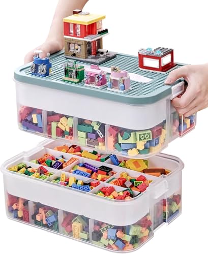 ZPONEED 2 Layers Storage Organiser for Lego, Stackable Kids Toy Storage Box with Base Plates Lids, Multi Compartment Building Blocks Craft Sorting Container, Portable Carry Case