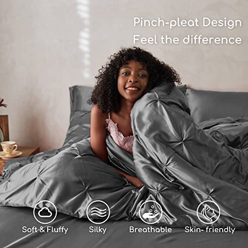 MR&HM Satin Comforter Full 7 Pieces - Luxurious Pinch Pleat Bedding Set with Comforter, Flat Sheet, Fitted Sheet, Pillowcases & Shams, Super Silky Soft Bed Set for All Season (Full, Dark Grey)