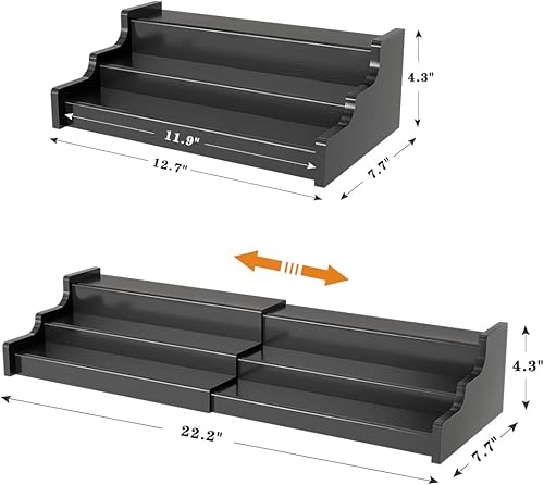 Miniatura 7 de Organizador de especias para gabinete, estante de exhibición expandible de madera de bambú negro de 3 niveles de 12.70 a 22.20 pulgadas