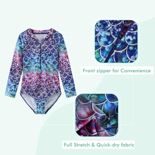 Image of Moon Tree Girls One Piece Swimsuits Long Sleeve Rash Guard Zipper Front Bathing Suit UPF 50+