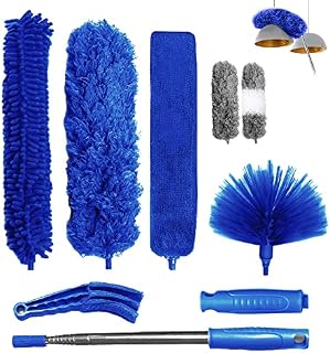 7PCs Feather Dusters for Cleaning - Extendable Dusters for High Ceiling with 15-100 Inches Telescopic Pole, Microfiber, Chenille, Crevice & Venetian Blind Duster by JOLBIC (Blue)