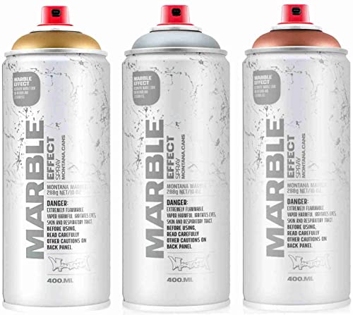 Montana Spray efecto mármol, efecto mármol, 3 botes de 400 ml – oro, plata, cobre para hobby, manualidades, lienzo, arte