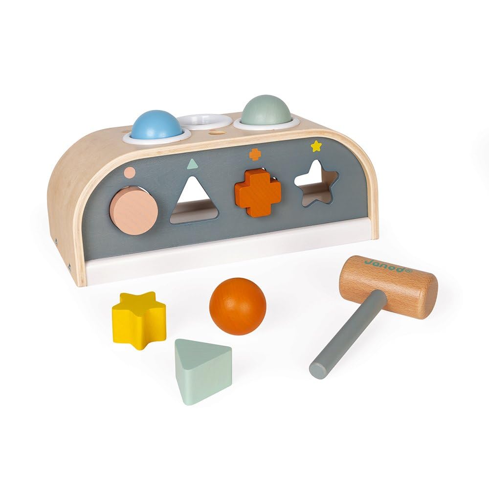 Janod - Tap Tap Sweet Cocoon - 3 In 1 Wooden Toy, Tap Tap, Embedding and Shape Box - Fsc Certified Early Learning Game - from 1 Year Old, J04409