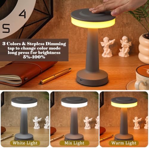 Image of Riakrum 2 Pcs LED Cordless Table Lamp Bulk Rechargeable,Gray | Portable Wireless Lamps, 3 Color Stepless Dimming, 15 Hour Battery, Touch Control, Wedding Home Restaurant Decor