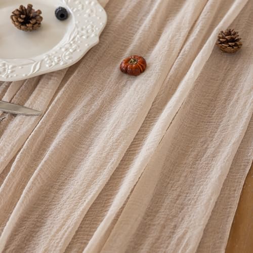 Image of Light Beige Cheesecloth Table Runner 120 Inches for Party Home Decorations | For Wedding Baby Shower Bridal Shower Birthday Engagement Party 10FT Rustic Boho Home Decor