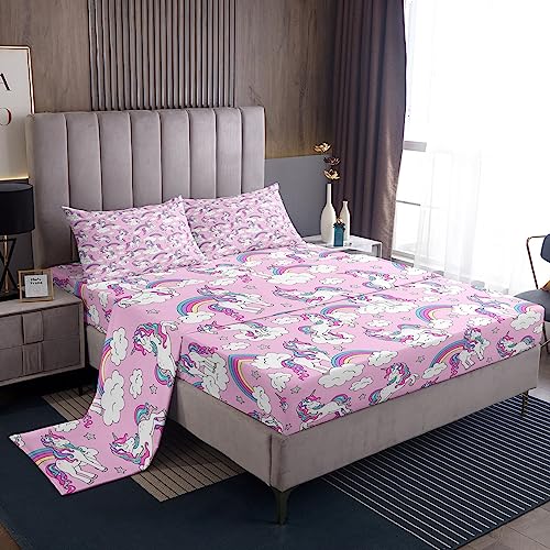 Unicorn Sheet Set King Size Girls Cute Rainbow Unicorn Sheets with Deep Pocket Fitted Sheet Dreamy Horse Printed Bed Sheets Set Magical Animal Decor Bedding Set Fantasy Unicorn Themed Bed Sheets Set