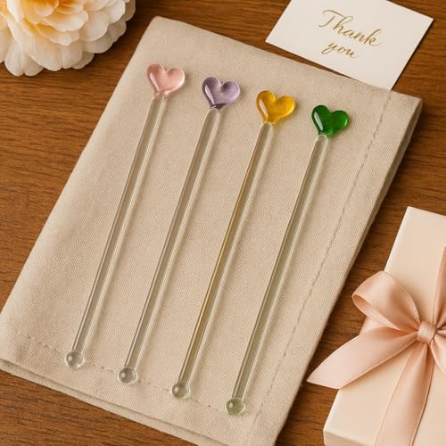 Image of Set of 4 Reusable Glass Stirrer, Colorful Cute with Gift Packaging for Smoothies, Milkshakes, Juices, Teas, Perfect for Parties & Gifts | 7 inch Height 4 PCs (Heart Stirrers)