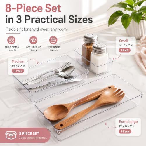 Image of 8 Pack Large Clear Plastic Drawer Organizer Bins - Acrylic Bathroom Drawer Organizer Trays - Heavy Duty Kitchen Drawer Dividers for Utensils - Non-Slip Storage Bins for Makeup, Bedroom, Office Desk