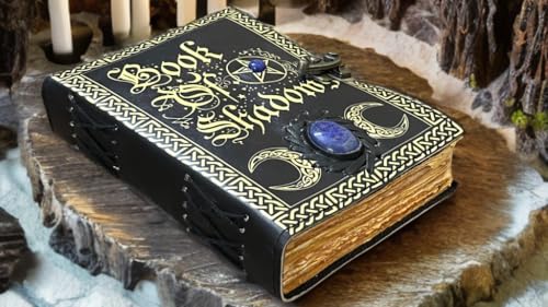 Image of Blank Spell Book of Shadows with Celtic Lapis Stone - Vintage Leather Journal with Lock, Grimoire Junk Journal, Leather Sketchbook Notebook, 200 Deckle Pages - Witchcraft Gift for Him & Her