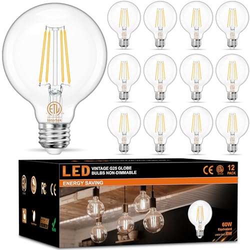 Dekang 12-Pack LED Bathroom Light Bulbs 60W Equivalent, 4000K Natural Daylight, G25 Globe Edison Light Bulbs E26 Base, 6W Round Vanity Light Bulb with Filament Clear Glass, 600LM, 120V, Non-dimmable