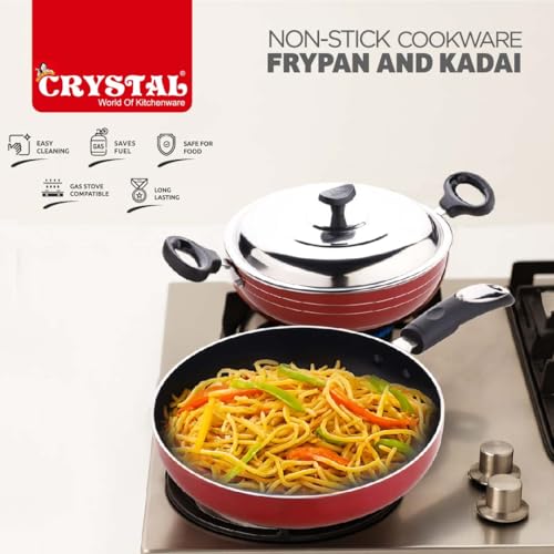 Image of Crystal Platinum Series 2 pcs Nonstick Cookware Set | 250mm Kadai + 250mm Fry Pan with Stainless Steel Lid | Thickness- 3mm | Metal Spoon Friendly