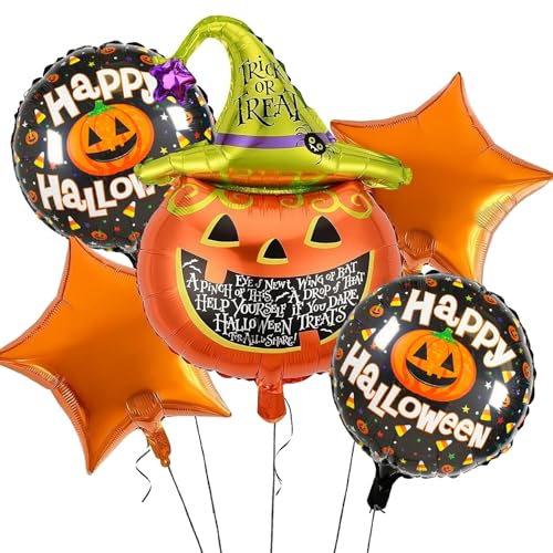 Image of AMFIN (Pack of 5) Happy Halloween Party Scary Pumpkin Foil Balloons - Orange