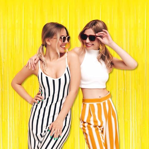 Image of 3 Pack Macaron Yellow Foil Fringe Curtains Backdrop, 3.28 x 9.8 Ft Metallic Streamers Tinsel Curtains Background for Photo Booth, Birthday, Halloween, Christmas, New Year Party Decorations