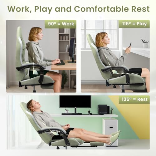 Image of N-GEN GAMING Video Gaming Chair Office Computer Desk Use Ergonomic Reclining Backrest Adjustable Armrests Lumbar Support Footrest High Density Foam Breathable Fabric Heavy Duty Base (Green)