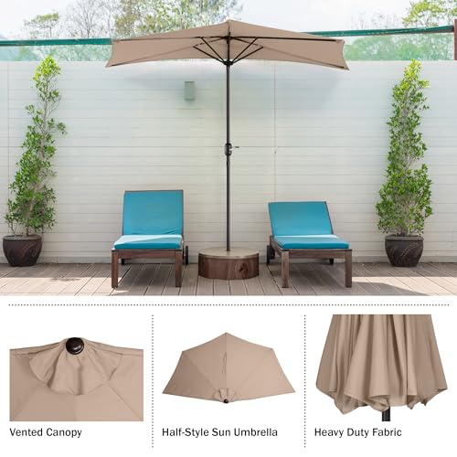 Image of Half Umbrella Outdoor Patio Shade - 9 ft Patio Umbrella with Easy Crank - Small Canopy for Balcony, Table, or Deck by Pure Garden (Beige)