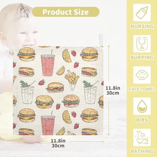 vvfelixl Baby Muslin Washcloths Sketchy Hamburger Juice Baby Burp Cloths Cotton Babys Face Towel for Newborn Infants Boys Girls Soft and Absorbent 11.8 X 11.8 in, 3 Pack4