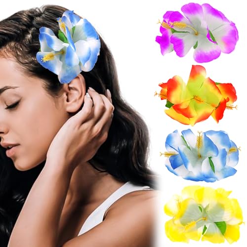 Ahoney 4 Pieces Hawaiian Hibiscus Beach Hair Accessories - Artificial Flower Barrettes, Chiffon Pins for Women, Girls (Blue/Purple/Red/Yellow)