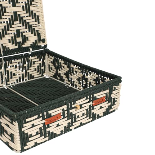 Image of Kaahira Handmade Decorative Storage Box and Organiser | Macrame Gift Hamper Box for Cosmetics, Toiletries & Return Gifts | Aesthetic Rope Woven Organizer (Green and White, Large - 14x10x4 inches)