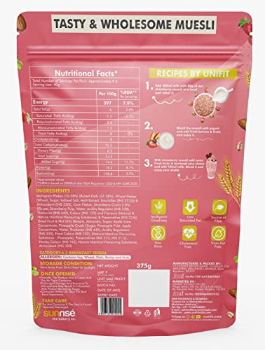 Image of UNIFIT Strawberry Muesli | 375g Pack of Antioxidant-Rich Strawberry Bliss | Healthy, Crunchy, and Instant Breakfast Delight!