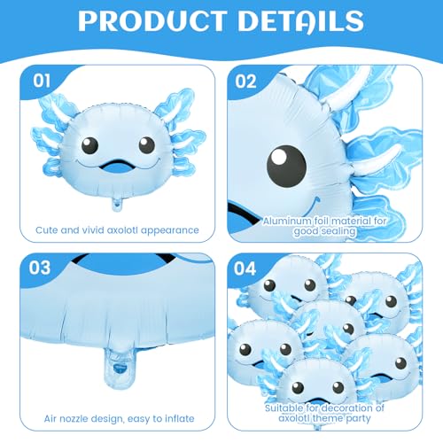 Image of 6Pcs Axolotl Birthday Decorations Axolotl Balloons Summer Party Supplies Cute Blue Inflatable Aluminum Foil Balloons for Beach Themed Favor Pool Stuffs Party Decorations