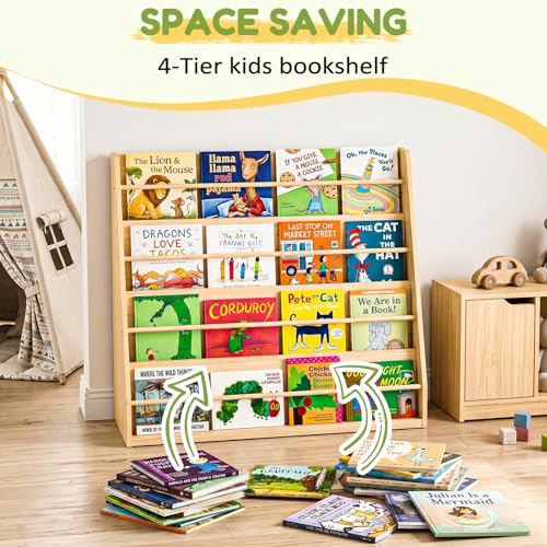 Image of XiaZ Scalloped Kids Bookshelf, 4-Tier Wooden Montessori Display for Toddler | Solid Pine Wood, Stable Trapezoid Base, Rounded Corners, Front Display, Compact, Holds 60-80 Books, Easy 20-min Assembly