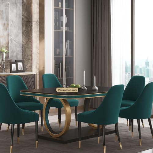 Image of 6-Seater Dining Table with Nano Composite Marble Top and PVC Golden Wooden Base |2yr Warranty - Includes 6 Fabric Upholstered Chairs (Sea Blue)