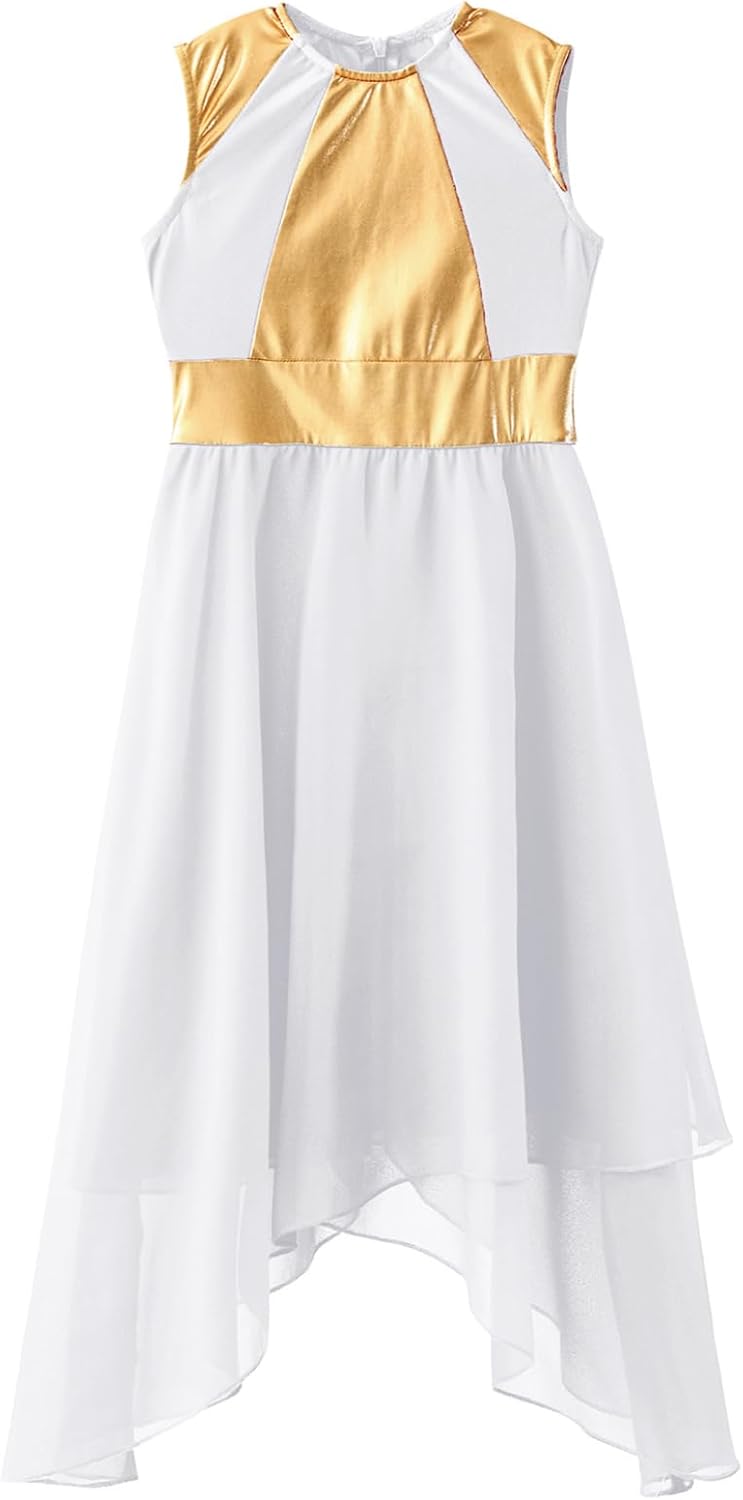 Kids Girls Praise Dance Dress Color Block Metallic Liturgical Worship Costume Lyrical Dancewear