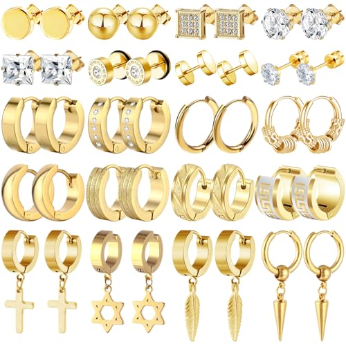 20 Pairs Stainless Steel Stud Earrings for Men Hypoallergenic Earring Unisex Punk Earring Hoop Hinged Dangle Cross Earrings for Men Women