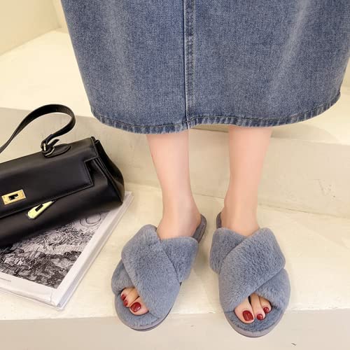 Women's Fuzzy Slippers Cross Band Fluffy Slippers Soft Plush Open Toe Slippers Winter Warm Non-Slip House Slippers Indoor Outdoor Slippers For Women Girls Grey 40/41 #TOP4