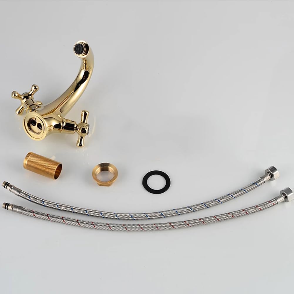 Grifo De Baño Grifo De Lavabo, Vintage Retro Estilo Latón Dos Mandos Mezclador De Lavabo, Ajustable Para Agua Fría Y Caliente, Oro