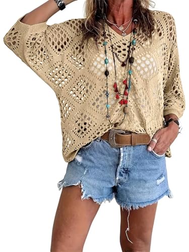 Allimy Womens Summer Sexy Tops Crochet Coverups Long Sleeve Sweaters for Women 2025 V Neck Beach Cover ups Resort Wear Vacation Cruise Outfits Boho Clothes Khaki US 8 10